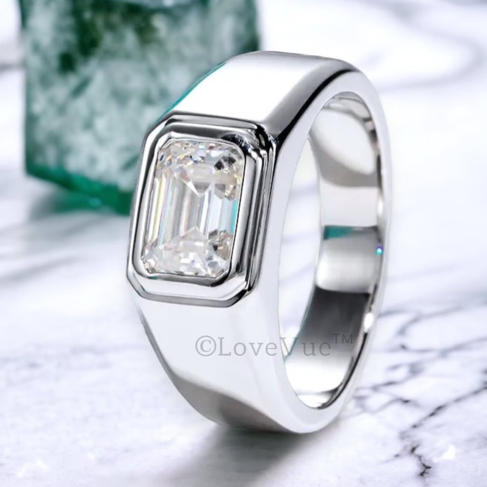 Certified 2ct. t.w. Emerald Cut Diamond Moissanite Unisex Wedding Ring VVS1 - Picture 1 of 16